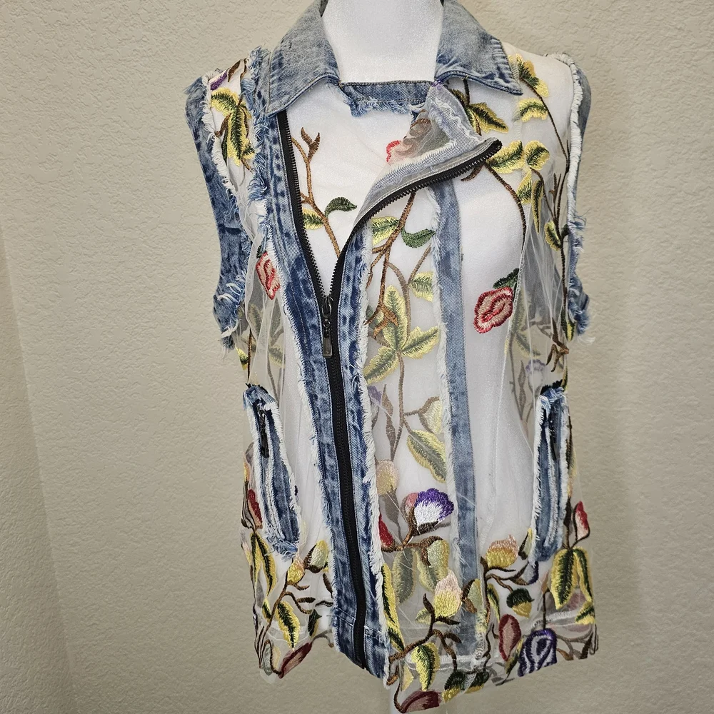 Adore Floral Embroidered Sheer Denim Vest - Picture 16 of 16